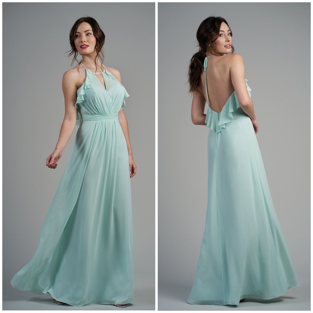 Poly Chiffon Long Bridesmaid Dress with Jewel Neckline